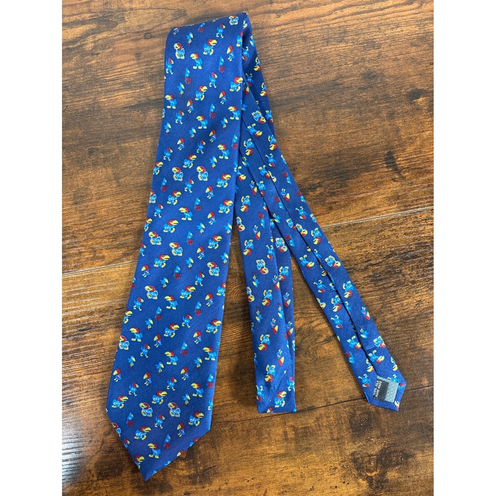 University of Kansas Jayhawks History Silk Tie Blue Mascot Print Handmade KU